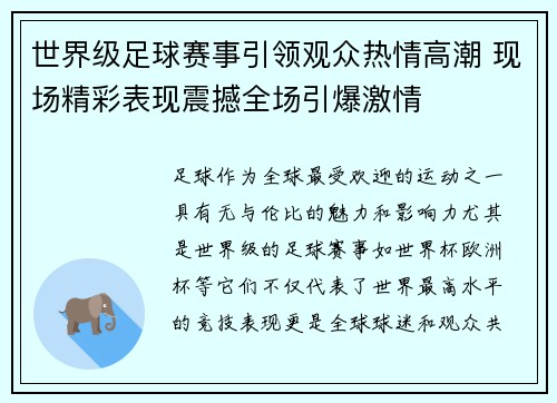 世界级足球赛事引领观众热情高潮 现场精彩表现震撼全场引爆激情