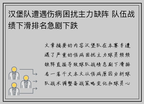 汉堡队遭遇伤病困扰主力缺阵 队伍战绩下滑排名急剧下跌